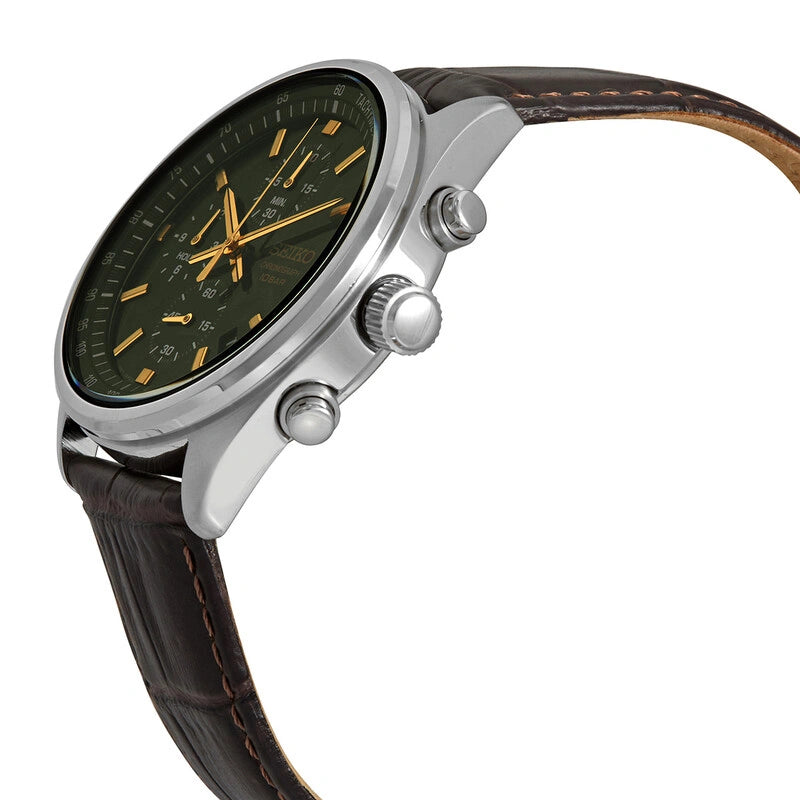 Seiko Chronograph SSB385 Green Dial Men's Leather Watch