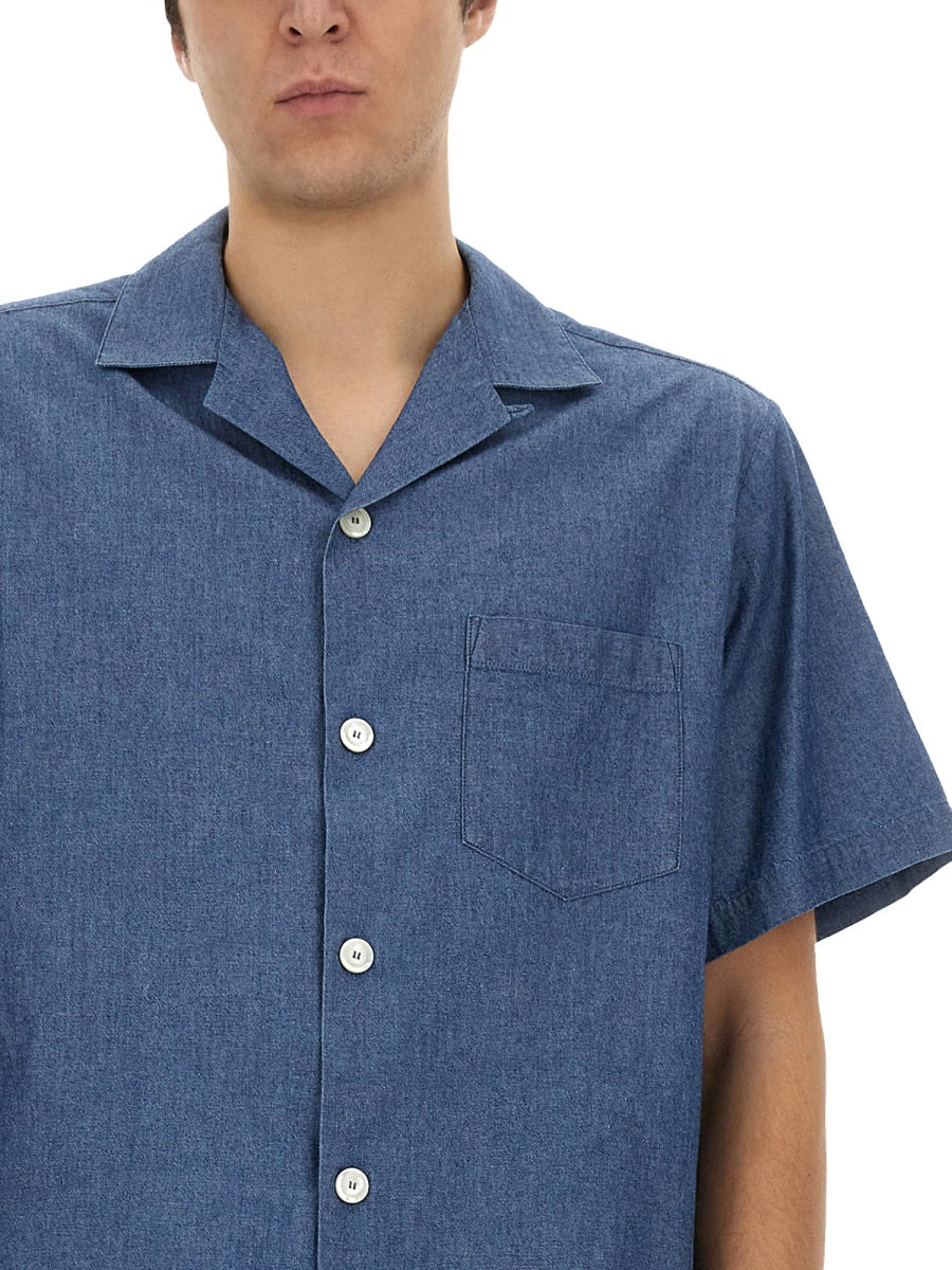 Aspesi Crew-Neck Cotton Denim Shirt — Blue