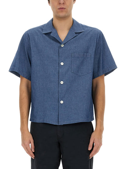 Aspesi Crew-Neck Cotton Denim Shirt — Blue