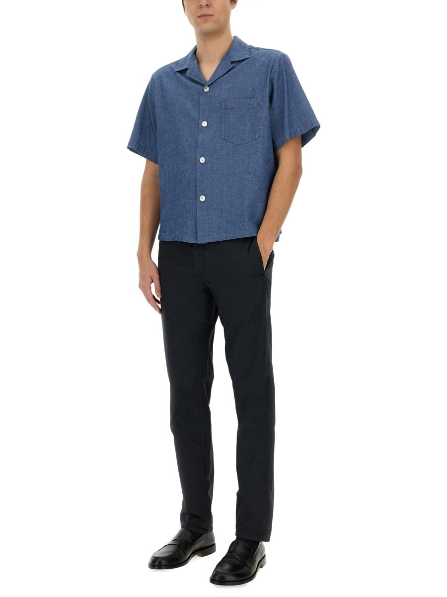 Aspesi Crew-Neck Cotton Denim Shirt — Blue