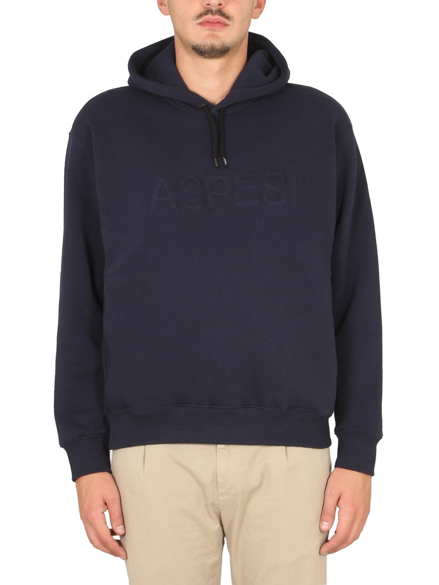 Aspesi Logo Drawstring Hood Sweatshirt — Blue