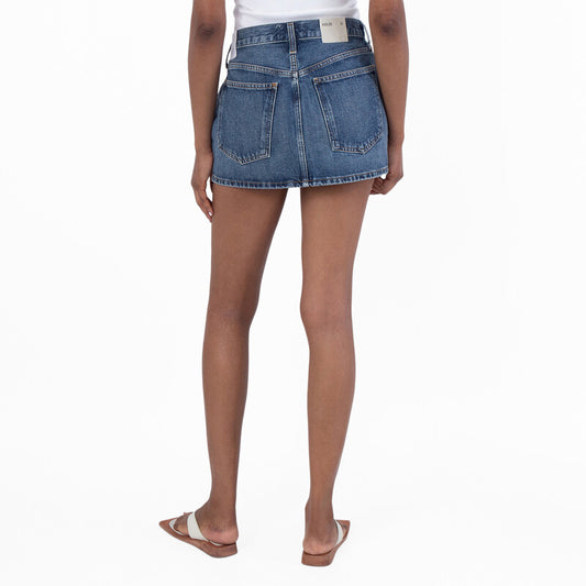 Agolde Alek Mini Denim Skirt A3061B-1206-DWELL women's skirt in Medium Marbled Indigo