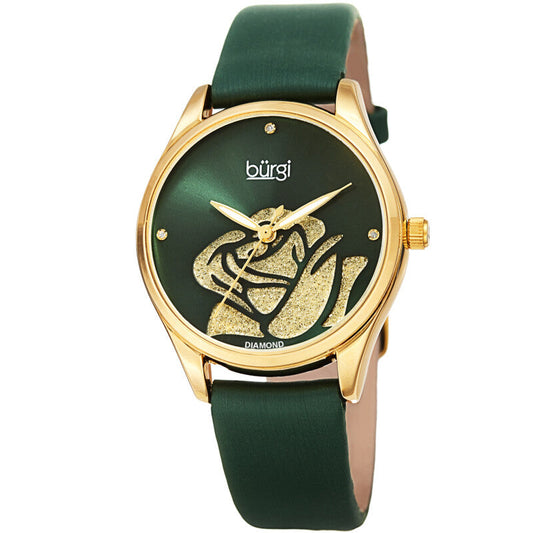 Burgi Diamond Accented Flower Quartz Green Dial Ladies Timepiece - BUR189GN