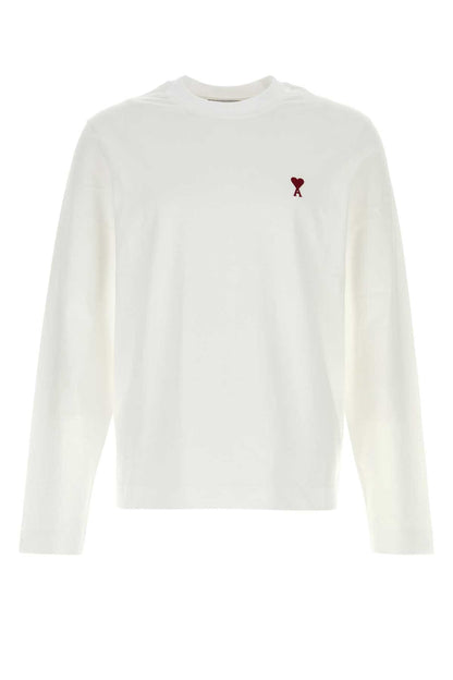 AMI Paris Logo-Embroidered Long Sleeve T-Shirt BFUTS235724-100 men's T-shirt in White