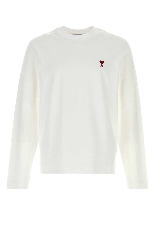 AMI Paris Logo-Embroidered Long Sleeve T-Shirt BFUTS235724-100 men's T-shirt in White