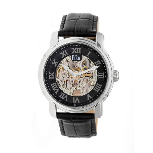 Reign Kahn Black Skeleton Roman Numeral Black Leather Strap Men's Watch RN4304
