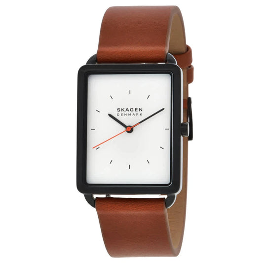 Skagen Hagen Men's Quartz Watch - White Dial, Black Case, Brown Leather Band SKW6929