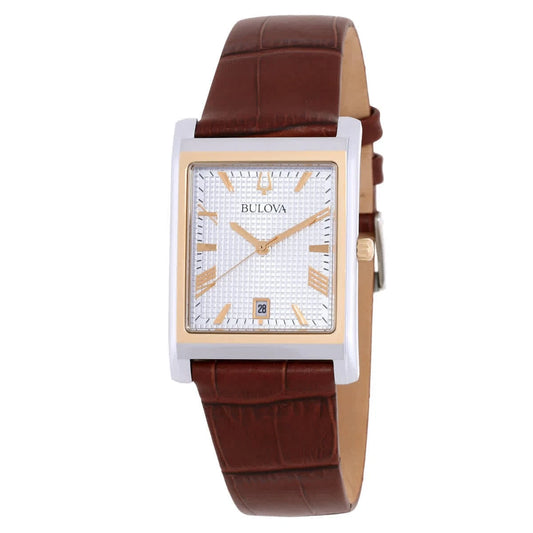 Bulova Sutton 98B430 Men's Rectangular Silver Dial Leather Watch