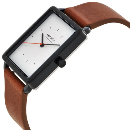 Skagen Hagen Men's Quartz Watch - White Dial, Black Case, Brown Leather Band SKW6929