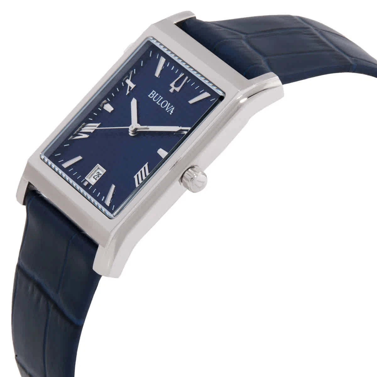 Bulova Sutton Men's Quartz Rectangular Blue Dial Leather Strap Watch 96B442
