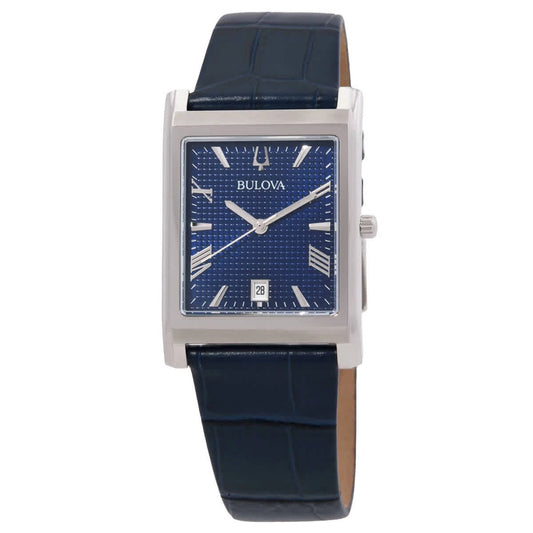 Bulova Sutton Men's Quartz Rectangular Blue Dial Leather Strap Watch 96B442